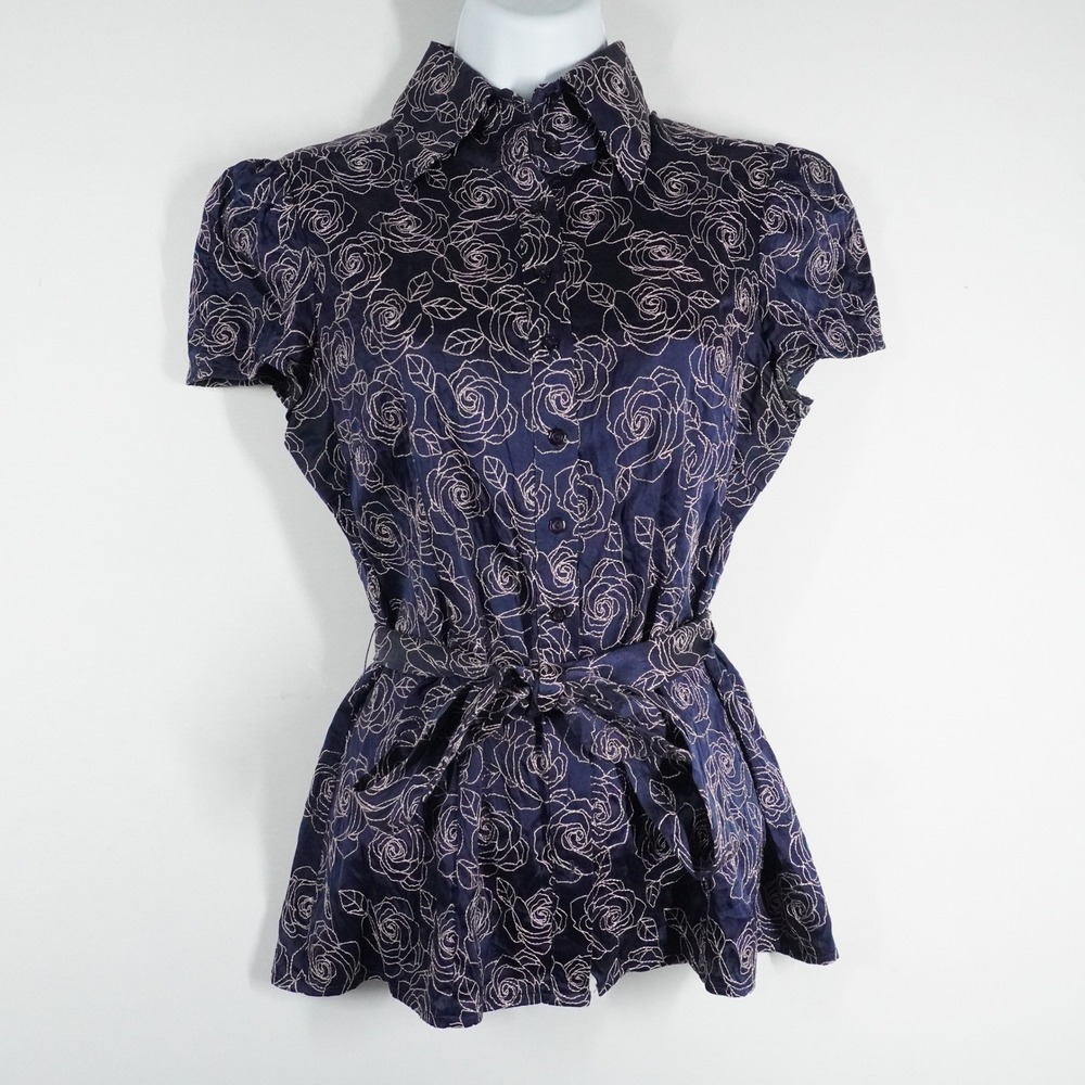 VTG Y2k Bebe Navy Blue Pink Rose Embroidered Satin Button Down Belted Blouse M